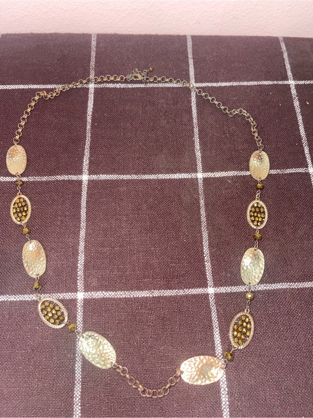 VTG Statement Hammered Oval Faceted Crystal Bead Necklace Gold Tone Chain Boho